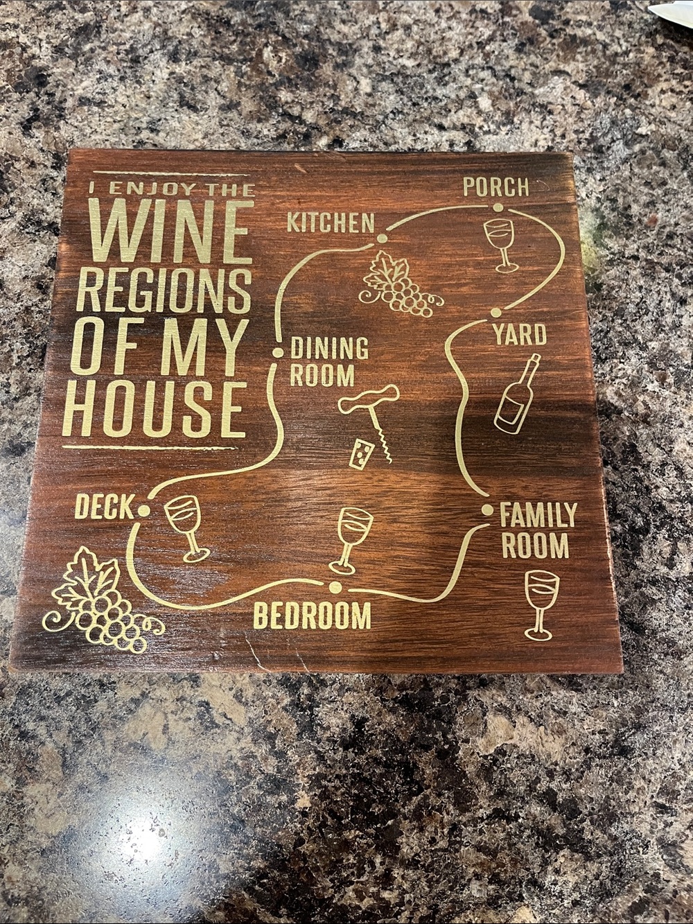 Wine Regions of My House Decorative Wood Sign - Brown with Gold Lettering
